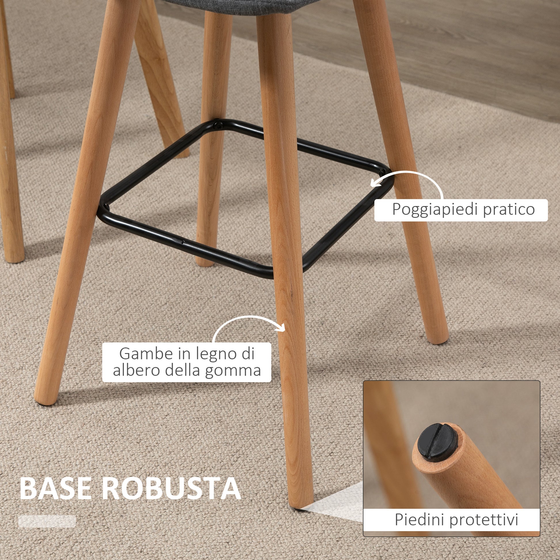Set of 2 Bar Stools with Backrest and Footrest, Fabric Upholstered Seat and Wooden Legs, 41.5x47x97.5, Gray