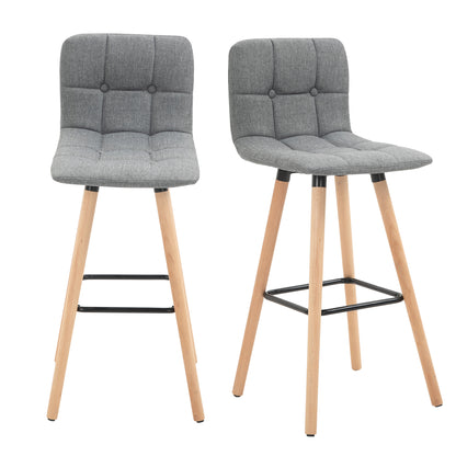 Set of 2 Bar Stools with Backrest and Footrest, Fabric Upholstered Seat and Wooden Legs, 41.5x47x97.5, Gray