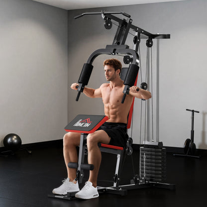 Multifunctional Strength Training Station with Pulldown Bar, Chest Press, Leg Press, Preacher Curl Bench, 65 kg Weight Plates Strength Training Machine for Home Gym Fitness Workout