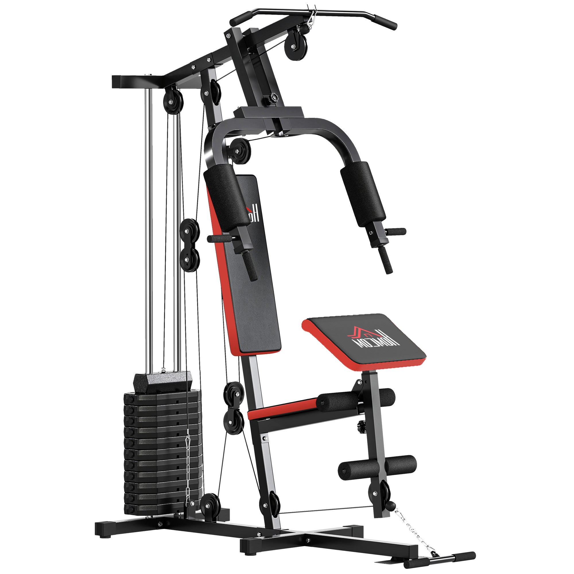 Multifunctional Strength Training Station with Pulldown Bar, Chest Press, Leg Press, Preacher Curl Bench, 65 kg Weight Plates Strength Training Machine for Home Gym Fitness Workout