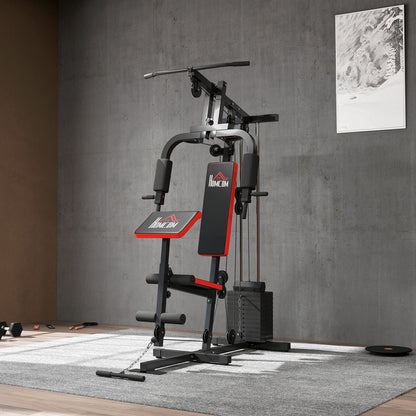 Multifunctional Strength Training Station with Pulldown Bar, Chest Press, Leg Press, Preacher Curl Bench, 65 kg Weight Plates Strength Training Machine for Home Gym Fitness Workout