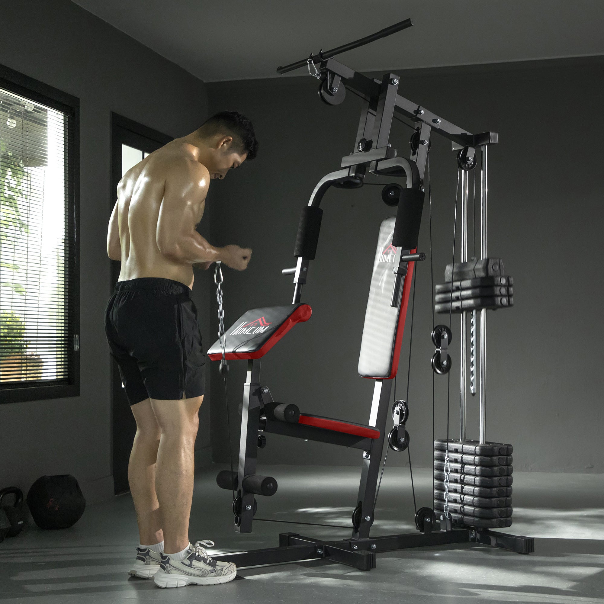 Multifunctional Strength Training Station with Pulldown Bar, Chest Press, Leg Press, Preacher Curl Bench, 65 kg Weight Plates Strength Training Machine for Home Gym Fitness Workout