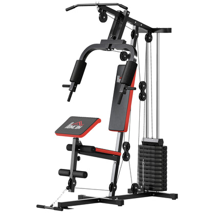 Multifunctional Strength Training Station with Pulldown Bar, Chest Press, Leg Press, Preacher Curl Bench, 65 kg Weight Plates Strength Training Machine for Home Gym Fitness Workout