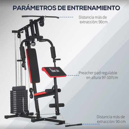 Multifunctional Strength Training Station with Pulldown Bar, Chest Press, Leg Press, Preacher Curl Bench, 65 kg Weight Plates Strength Training Machine for Home Gym Fitness Workout