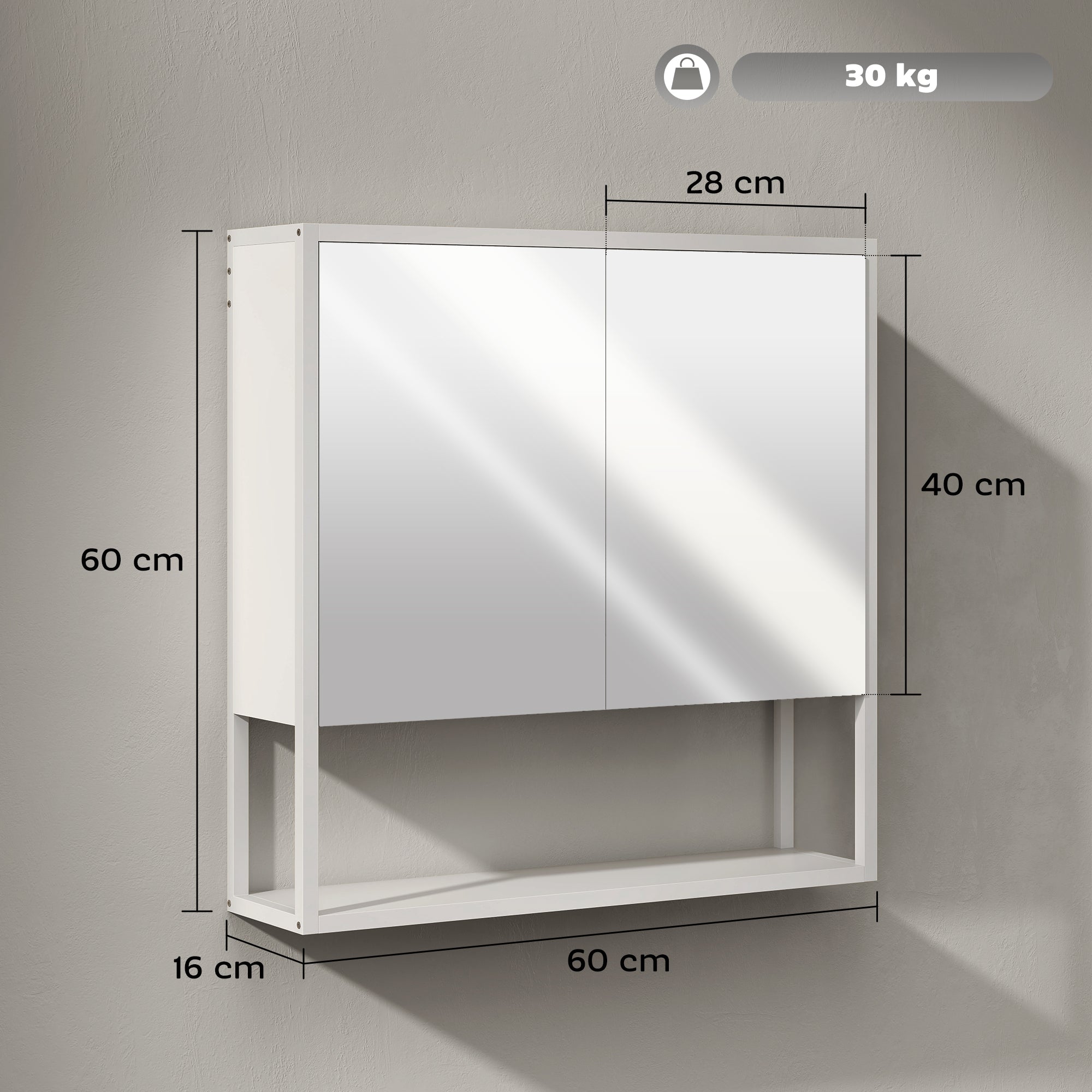Mirrored Wall Bathroom Cabinet, 60 x 16 x 60 cm (23.6 x 6.3 x 23.6 in) — 2 Mirrored Doors, Adjustable Interior Shelf & Open Shelf, White