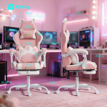 Pink Cat-Ears Ergonomic Gaming Chair — PU Leather Recliner with Footrest, Removable Headrest & Lumbar Support