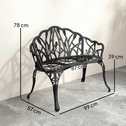 2-Seater Cast Aluminum Weatherproof Outdoor Bench with Tulip Back & Floral Motif, Perforated Balcony Bench up to 240 kg (529 lb) – 99 x 57 x 78 cm (39 x 22.4 x 30.7 in)