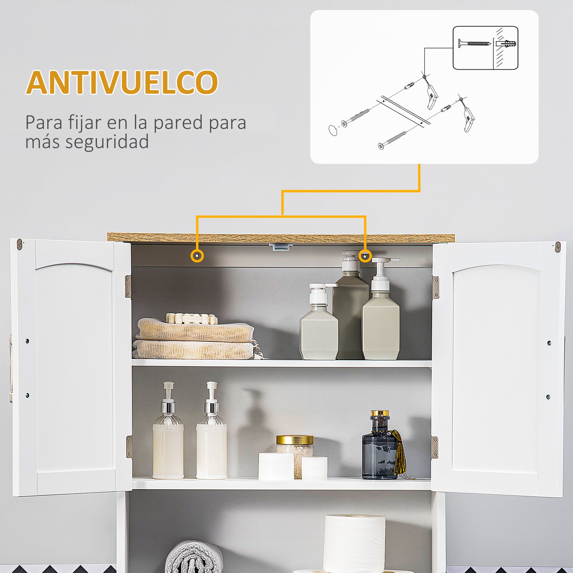 Over-The-Toilet Cabinet Tall Cupboard for Washer with 2 Doors Adjustable Shelf Interior and Storage Shelf for Bathroom WC Load 44 lbs Anti-Tip 25.2x8.7x65 inches White