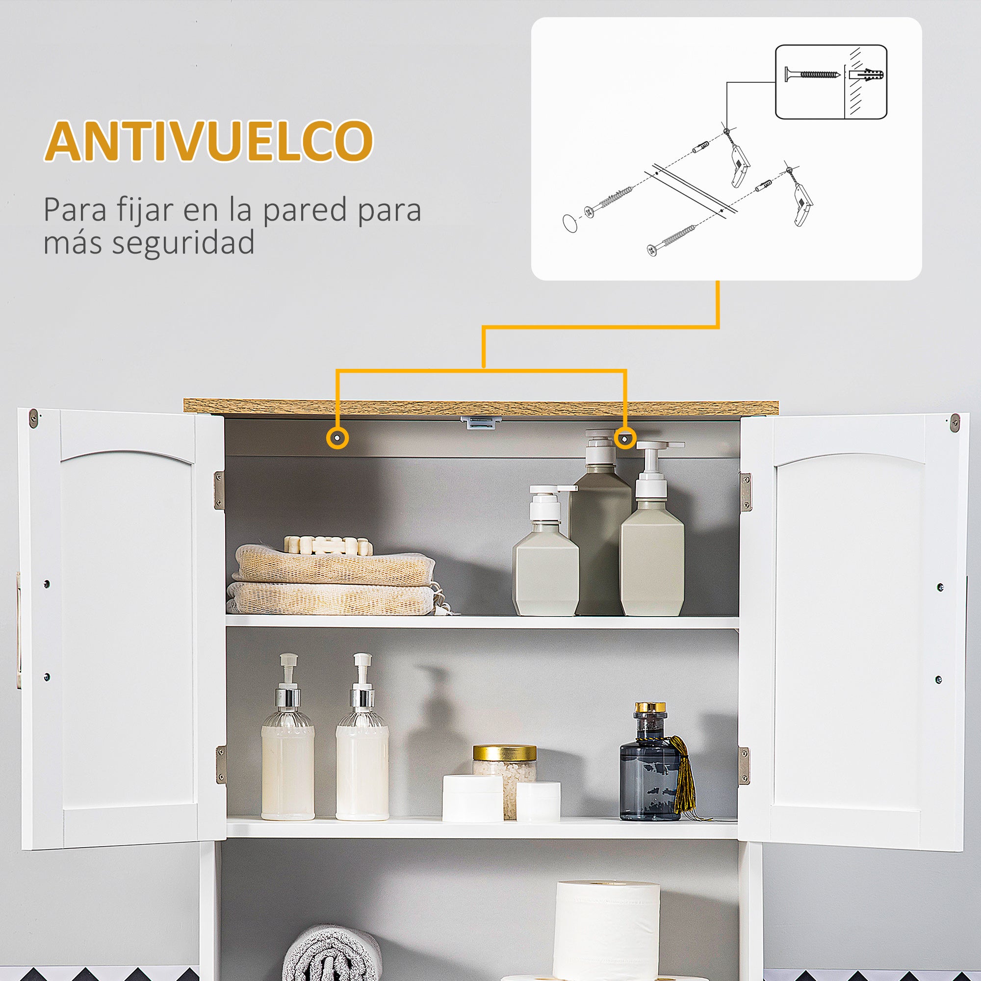 Over-The-Toilet Cabinet Tall Cupboard for Washer with 2 Doors Adjustable Shelf Interior and Storage Shelf for Bathroom WC Load 44 lbs Anti-Tip 25.2x8.7x65 inches White