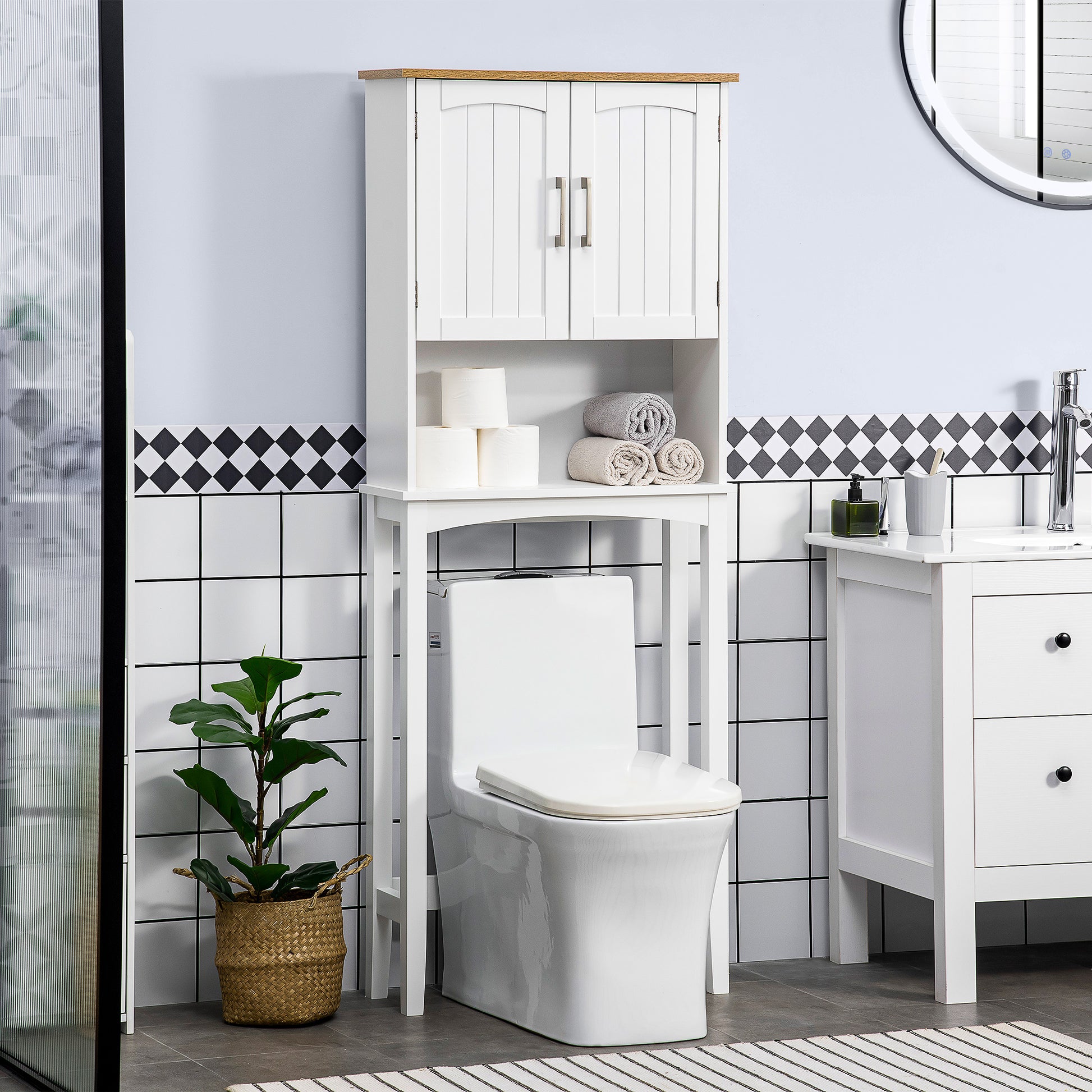 Over-The-Toilet Cabinet Tall Cupboard for Washer with 2 Doors Adjustable Shelf Interior and Storage Shelf for Bathroom WC Load 44 lbs Anti-Tip 25.2x8.7x65 inches White