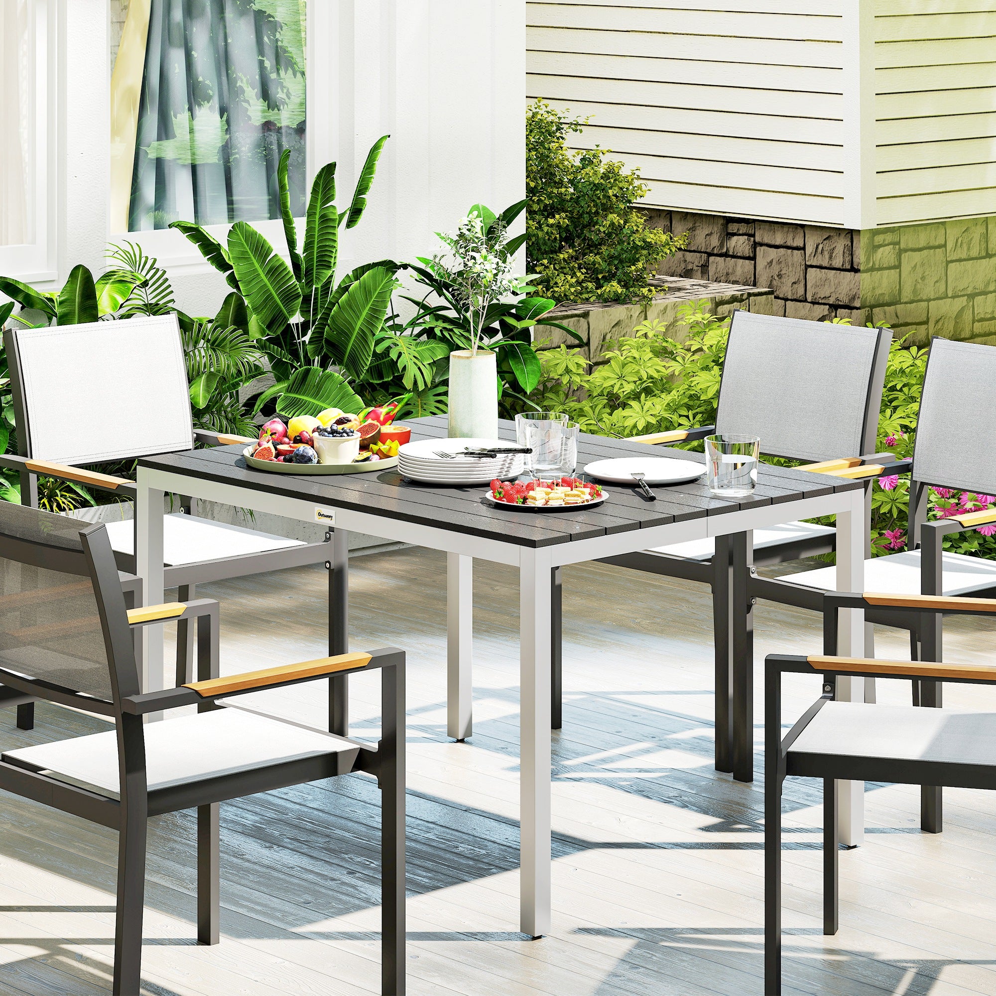 Rectangular Garden Dining Table Outdoor Terrace Table 120x90x72 cm with Aluminum Frame Imitation Wood and Slatted Top Load 50 kg for Patio Balcony Black