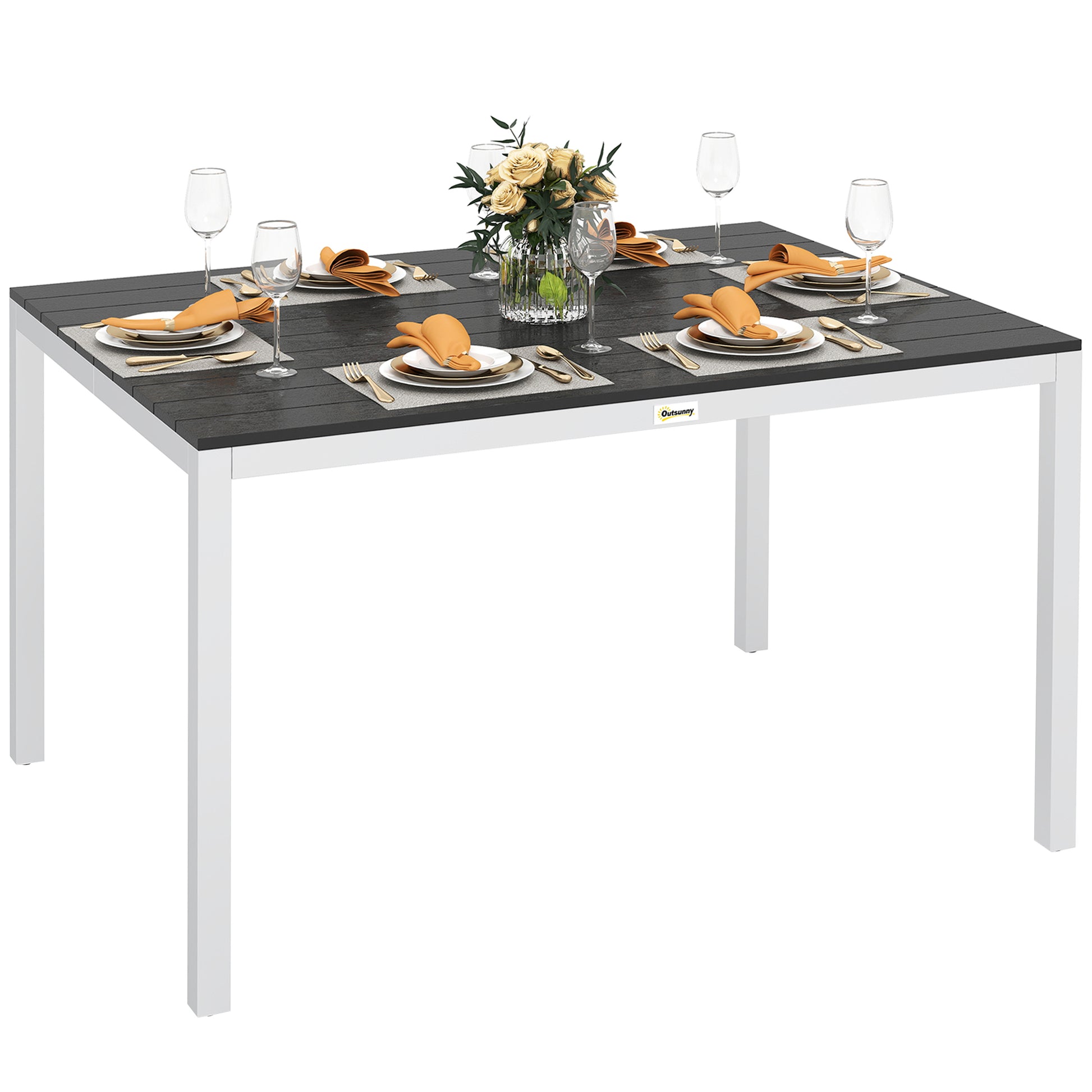 Rectangular Garden Dining Table Outdoor Terrace Table 120x90x72 cm with Aluminum Frame Imitation Wood and Slatted Top Load 50 kg for Patio Balcony Black