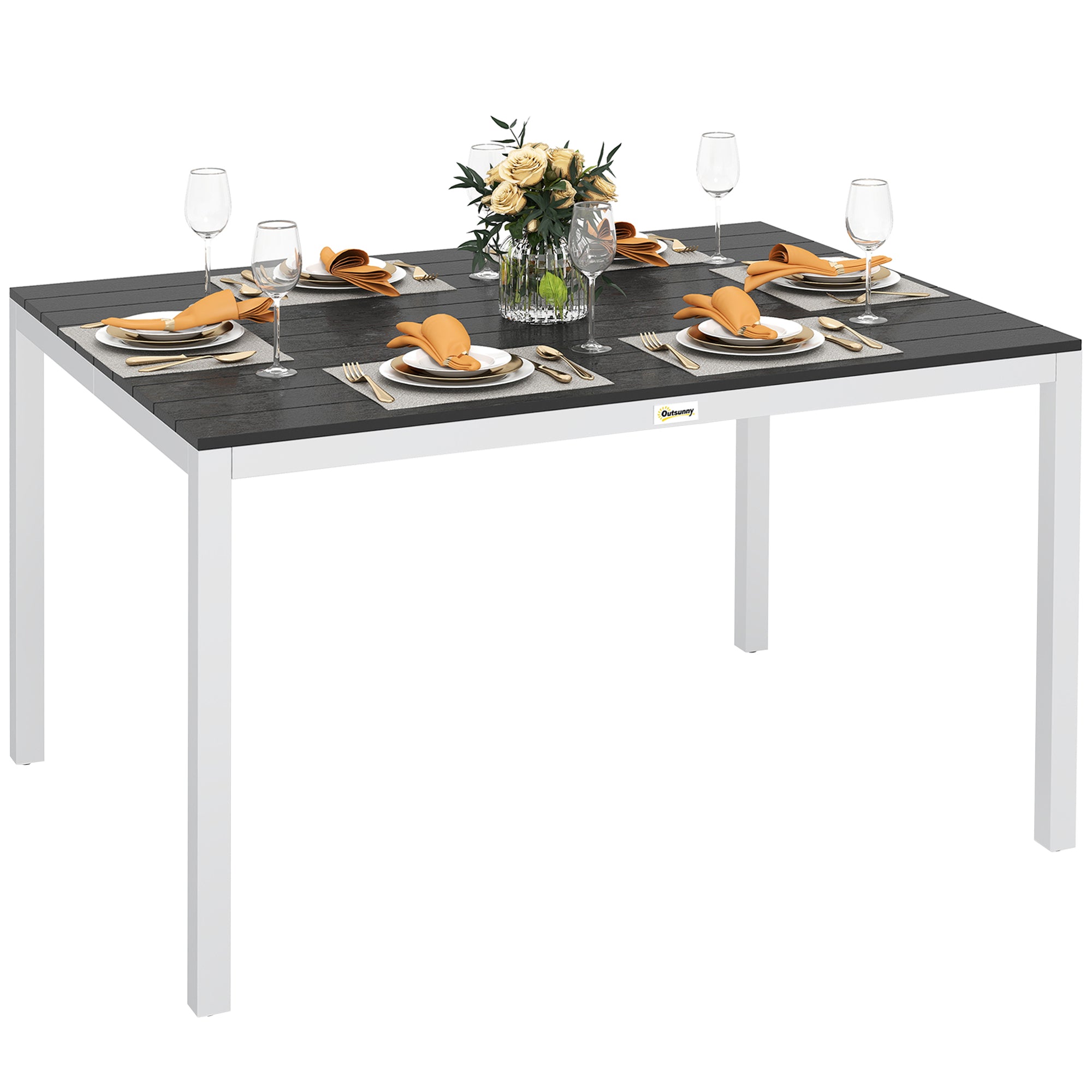 Rectangular Garden Dining Table Outdoor Terrace Table 120x90x72 cm with Aluminum Frame Imitation Wood and Slatted Top Load 50 kg for Patio Balcony Black