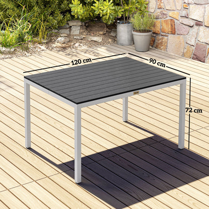 Rectangular Garden Dining Table Outdoor Terrace Table 120x90x72 cm with Aluminum Frame Imitation Wood and Slatted Top Load 50 kg for Patio Balcony Black