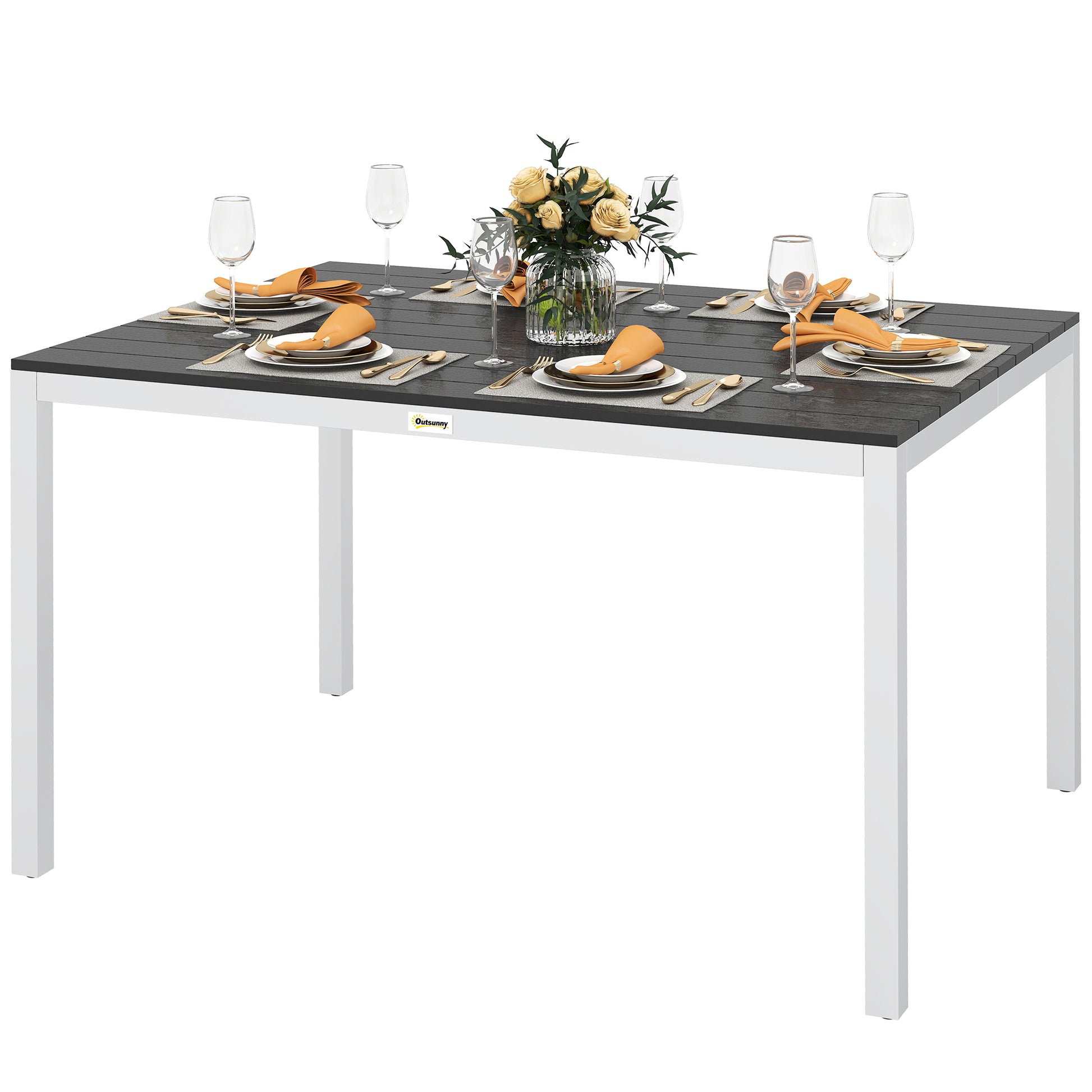 Rectangular Garden Dining Table Outdoor Terrace Table 120x90x72 cm with Aluminum Frame Imitation Wood and Slatted Top Load 50 kg for Patio Balcony Black