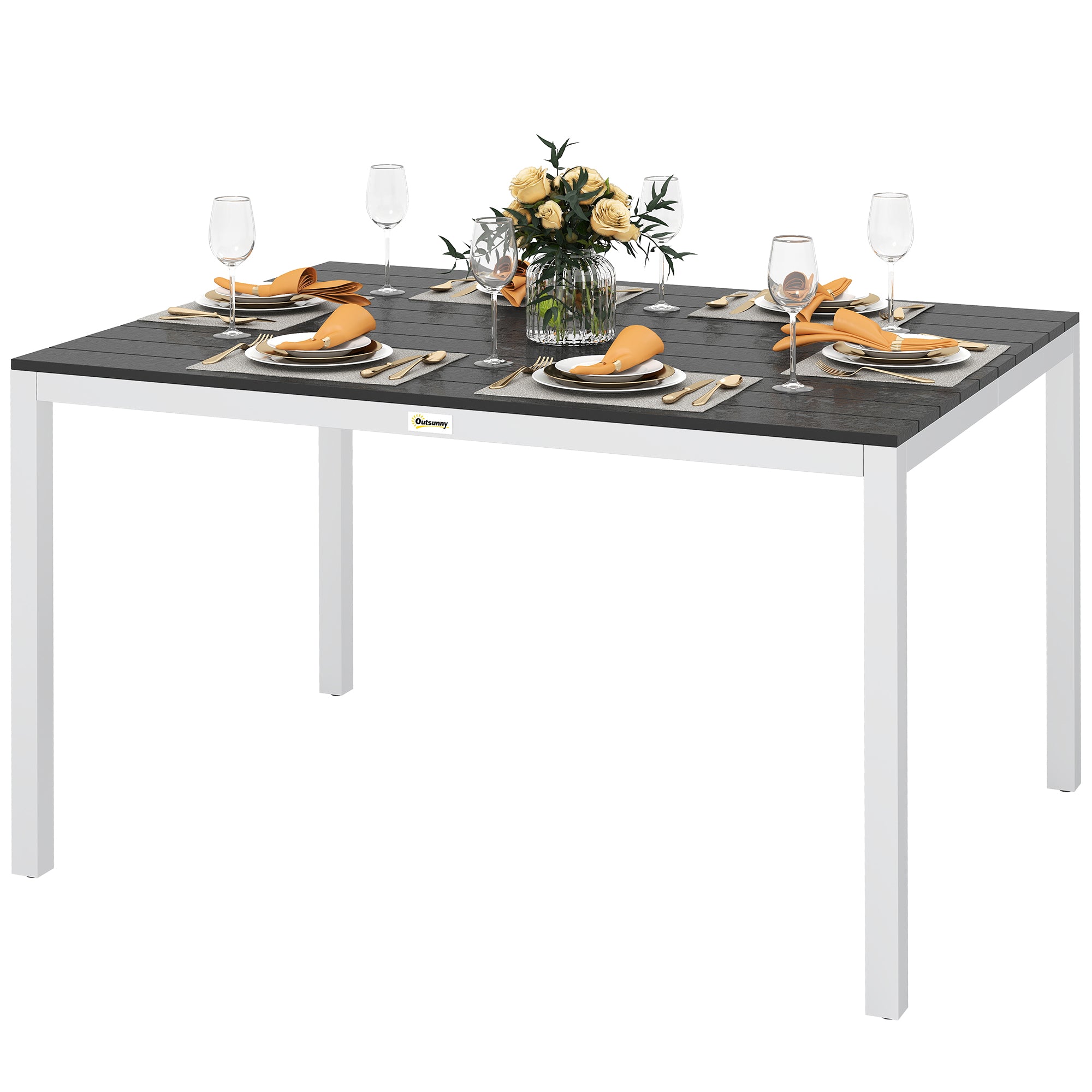 Rectangular Garden Dining Table Outdoor Terrace Table 120x90x72 cm with Aluminum Frame Imitation Wood and Slatted Top Load 50 kg for Patio Balcony Black