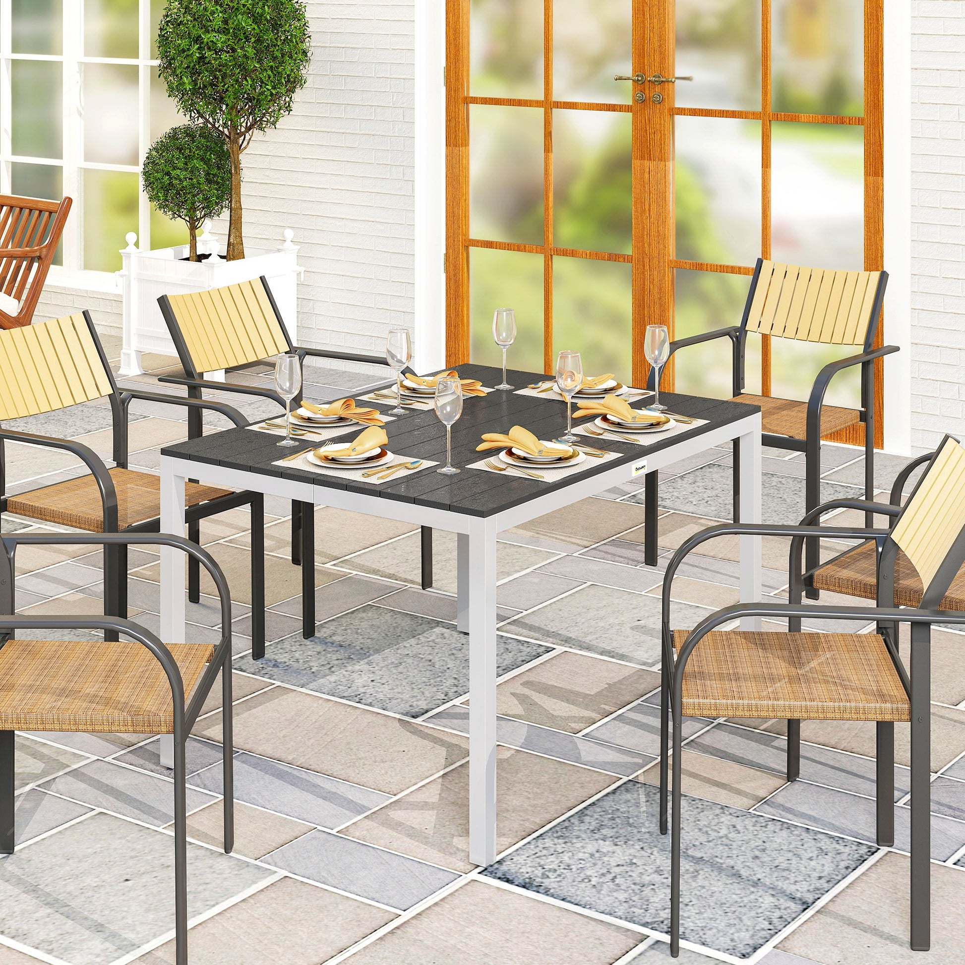 Rectangular Garden Dining Table Outdoor Terrace Table 120x90x72 cm with Aluminum Frame Imitation Wood and Slatted Top Load 50 kg for Patio Balcony Black
