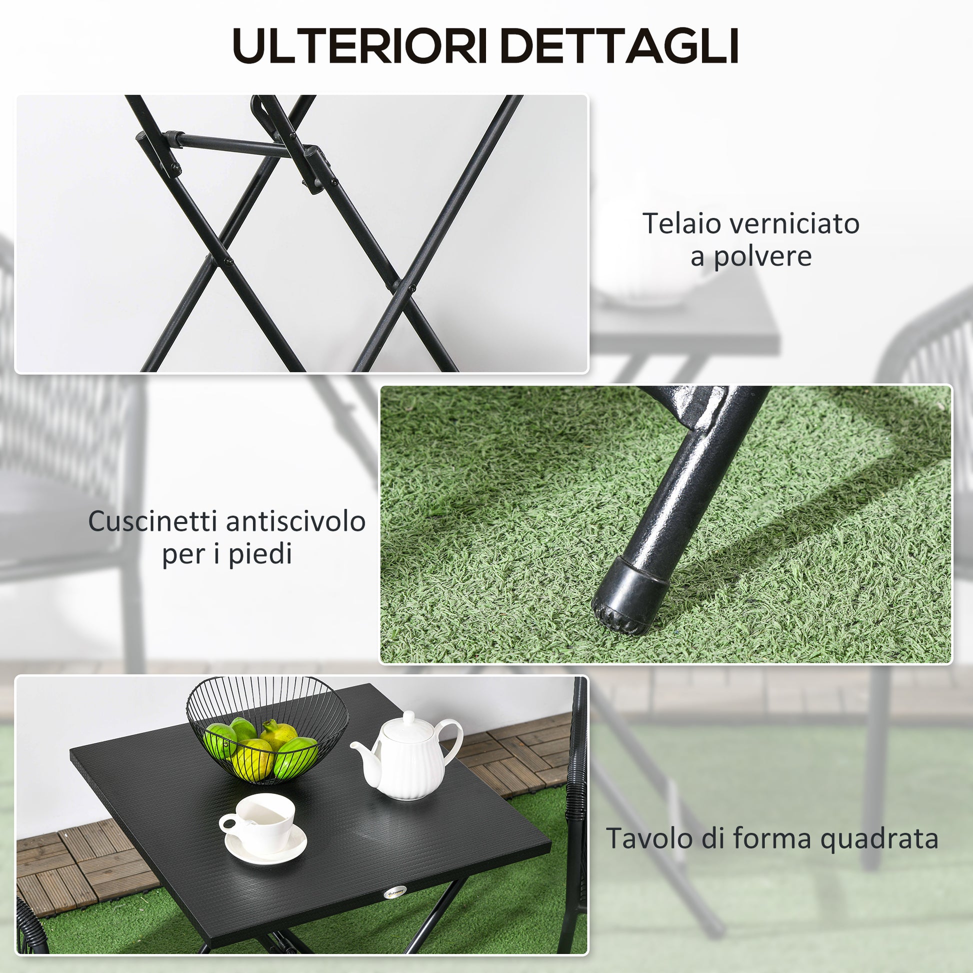 Square Foldable Table with Non-Slip Feet, Outdoor Steel Table, 60x60x71 cm, Black