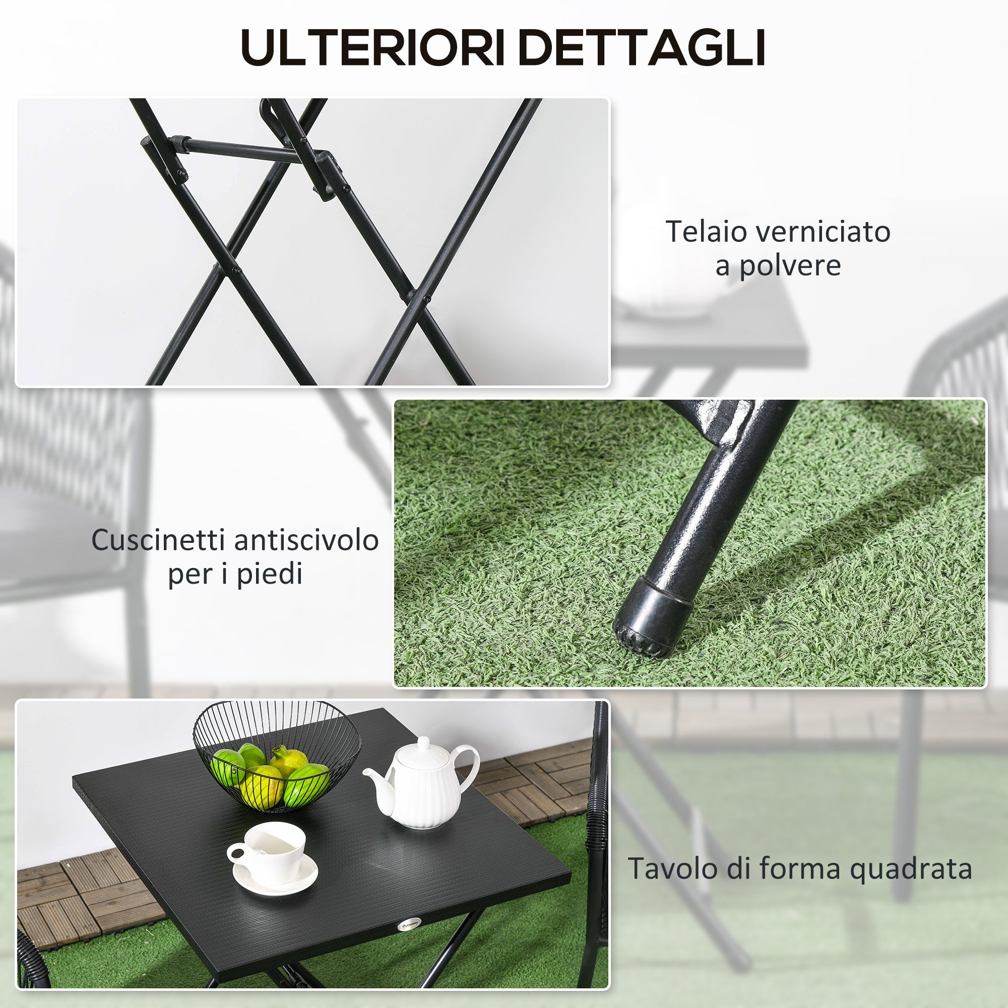 Square Foldable Table with Non-Slip Feet, Outdoor Steel Table, 60x60x71 cm, Black