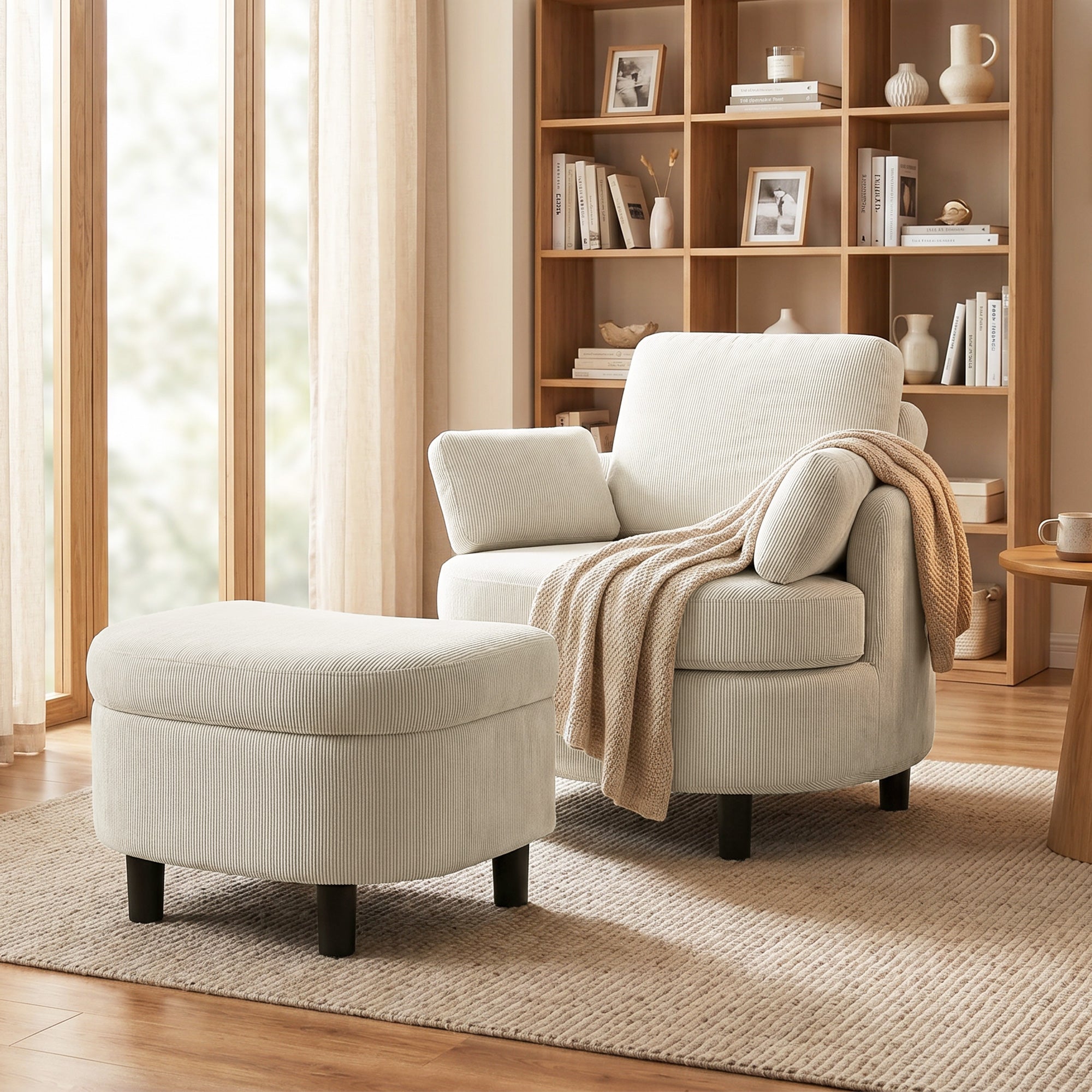 Cord Upholstered Lounge Chair with Storage Ottoman, Adjustable Headrest — Wide Relaxing Armchair for Living Room & Bedroom, Cream
