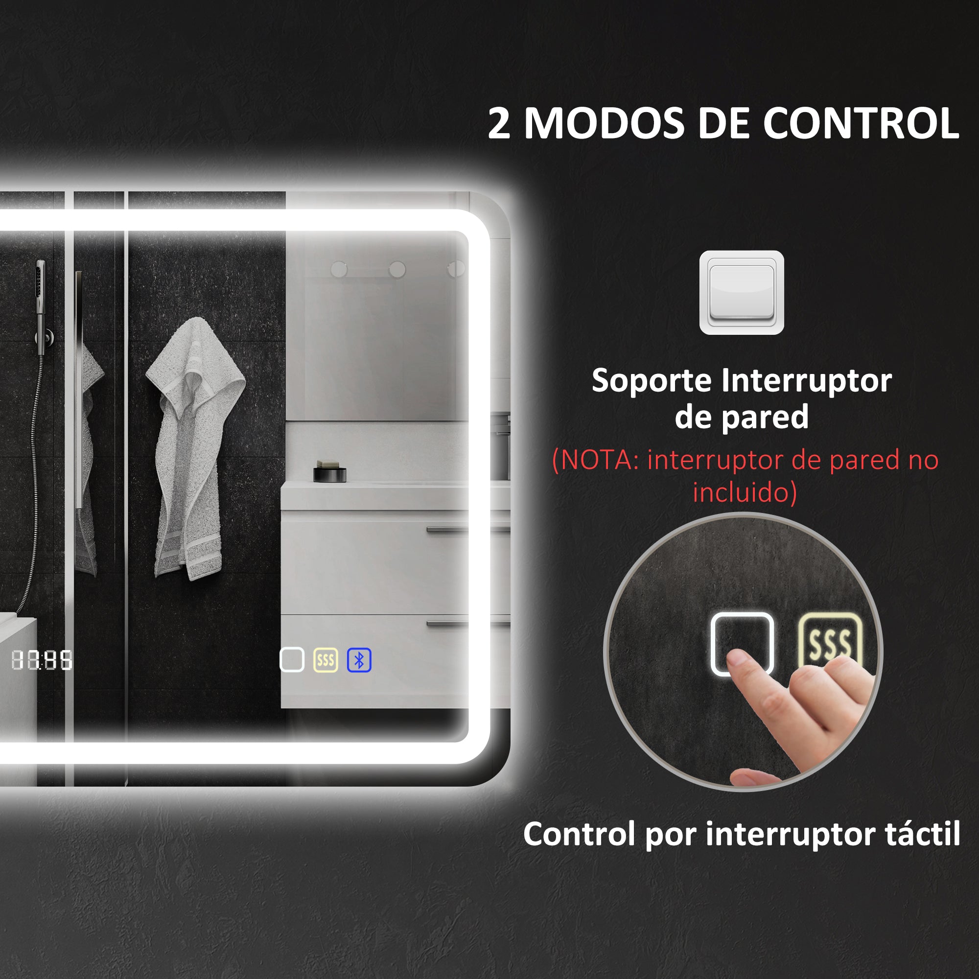 Bathroom Mirror with LED Light 70x50 cm Bluetooth Wall Mirror with 3 Light Colors Digital Clock Anti-Fog Function Memory Function Touch Switch IP44