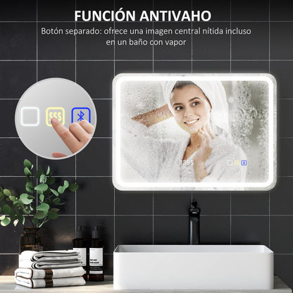 Bathroom Mirror with LED Light 70x50 cm Bluetooth Wall Mirror with 3 Light Colors Digital Clock Anti-Fog Function Memory Function Touch Switch IP44