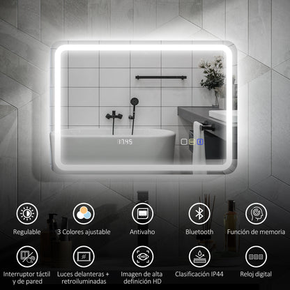 Bathroom Mirror with LED Light 70x50 cm Bluetooth Wall Mirror with 3 Light Colors Digital Clock Anti-Fog Function Memory Function Touch Switch IP44