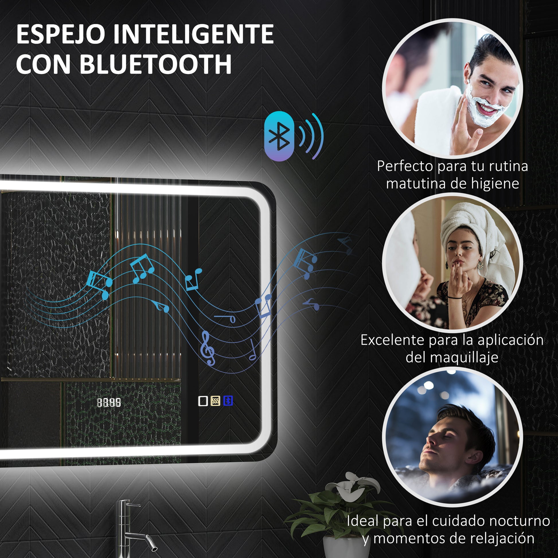 Bathroom Mirror with LED Light 70x50 cm Bluetooth Wall Mirror with 3 Light Colors Digital Clock Anti-Fog Function Memory Function Touch Switch IP44