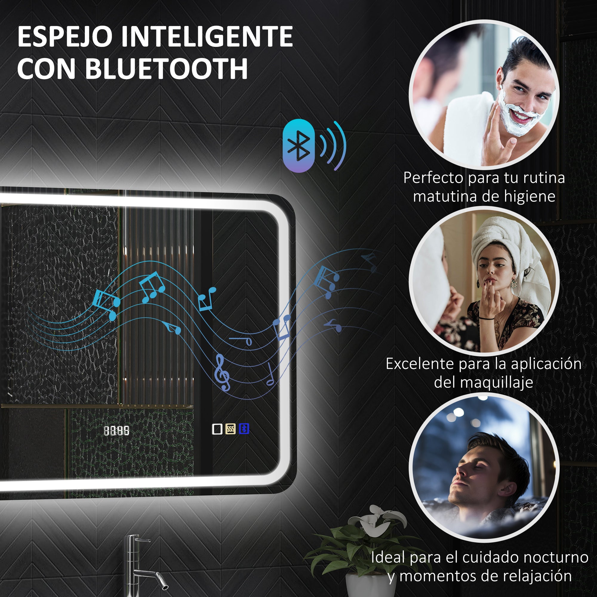 Bathroom Mirror with LED Light 70x50 cm Bluetooth Wall Mirror with 3 Light Colors Digital Clock Anti-Fog Function Memory Function Touch Switch IP44