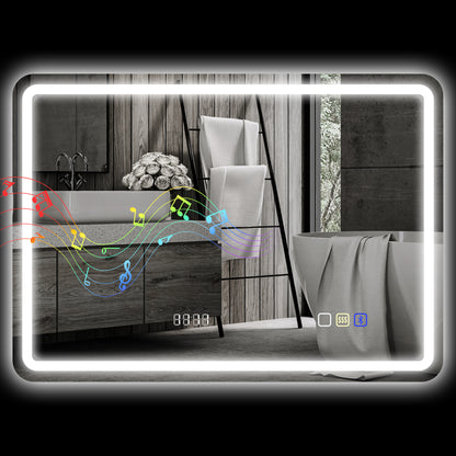 Bathroom Mirror with LED Light 70x50 cm Bluetooth Wall Mirror with 3 Light Colors Digital Clock Anti-Fog Function Memory Function Touch Switch IP44