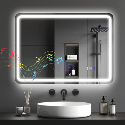Bathroom Mirror with LED Light 70x50 cm Bluetooth Wall Mirror with 3 Light Colors Digital Clock Anti-Fog Function Memory Function Touch Switch IP44