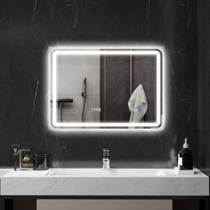 Bathroom Mirror with LED Light 70x50 cm Bluetooth Wall Mirror with 3 Light Colors Digital Clock Anti-Fog Function Memory Function Touch Switch IP44