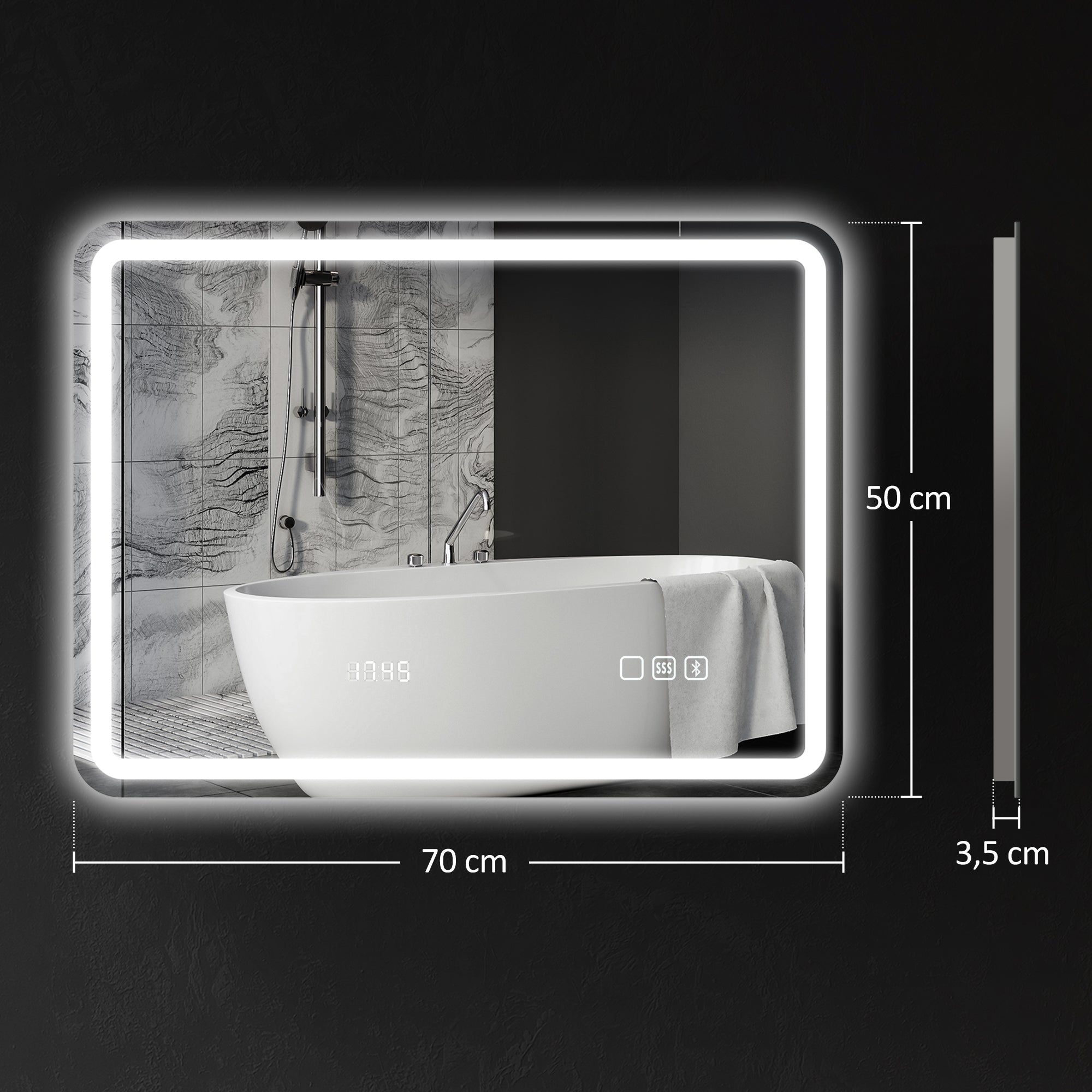 Bathroom Mirror with LED Light 70x50 cm Bluetooth Wall Mirror with 3 Light Colors Digital Clock Anti-Fog Function Memory Function Touch Switch IP44