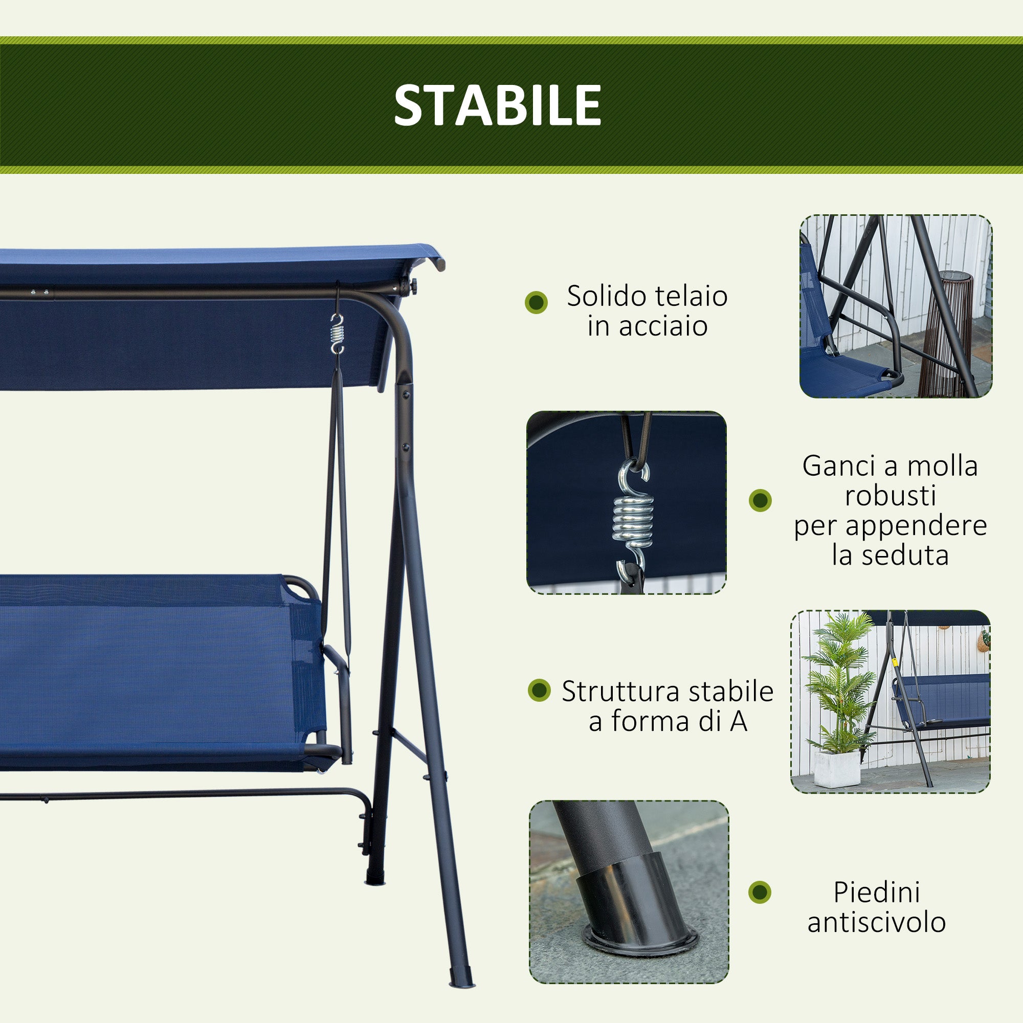 Garden Swing 3 Seater with Adjustable Canopy, Outdoor Swing with Breathable Texteline Seat and Metal Frame, Supports Up to 240 kg, 172x110x153 cm, Dark Blue
