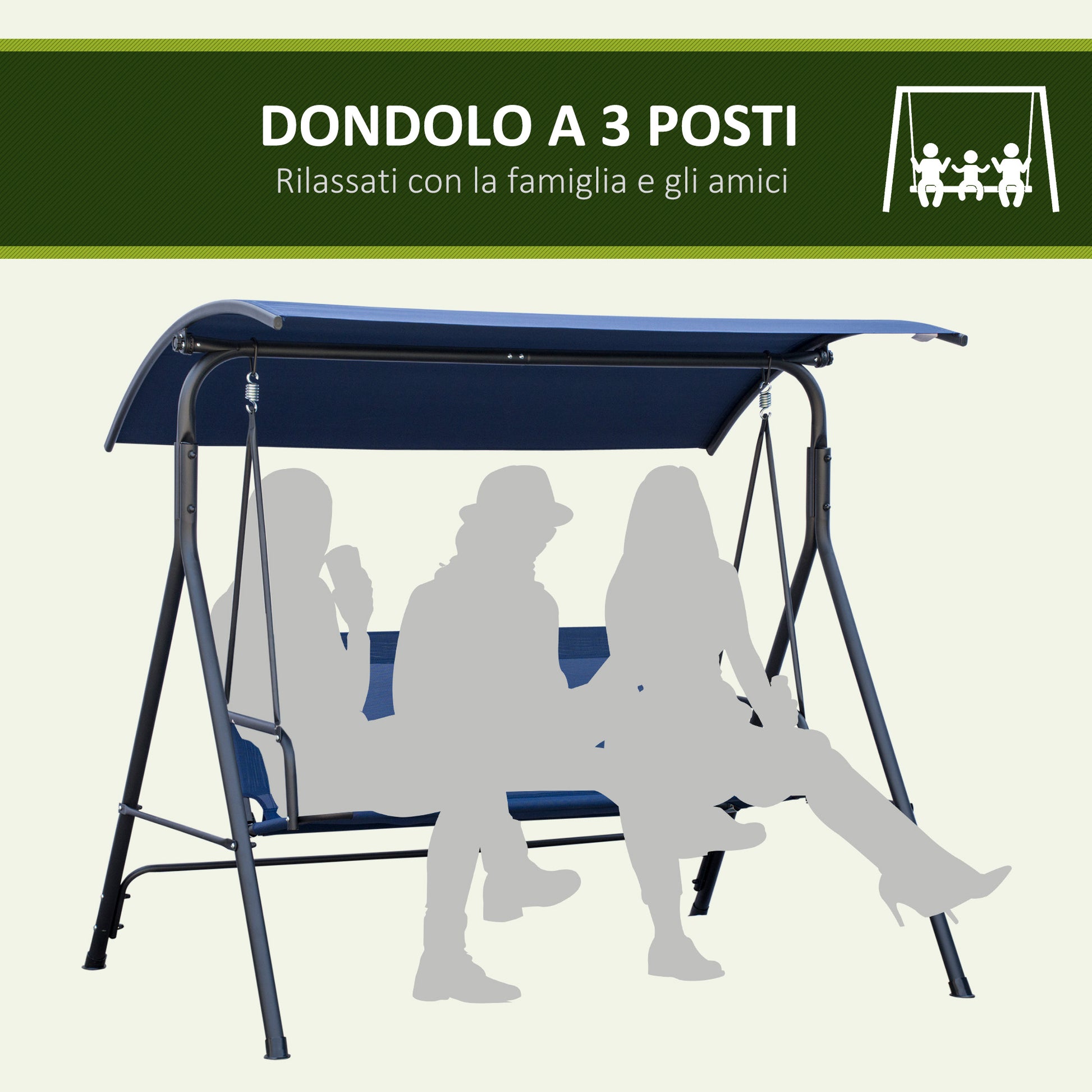 Garden Swing 3 Seater with Adjustable Canopy, Outdoor Swing with Breathable Texteline Seat and Metal Frame, Supports Up to 240 kg, 172x110x153 cm, Dark Blue