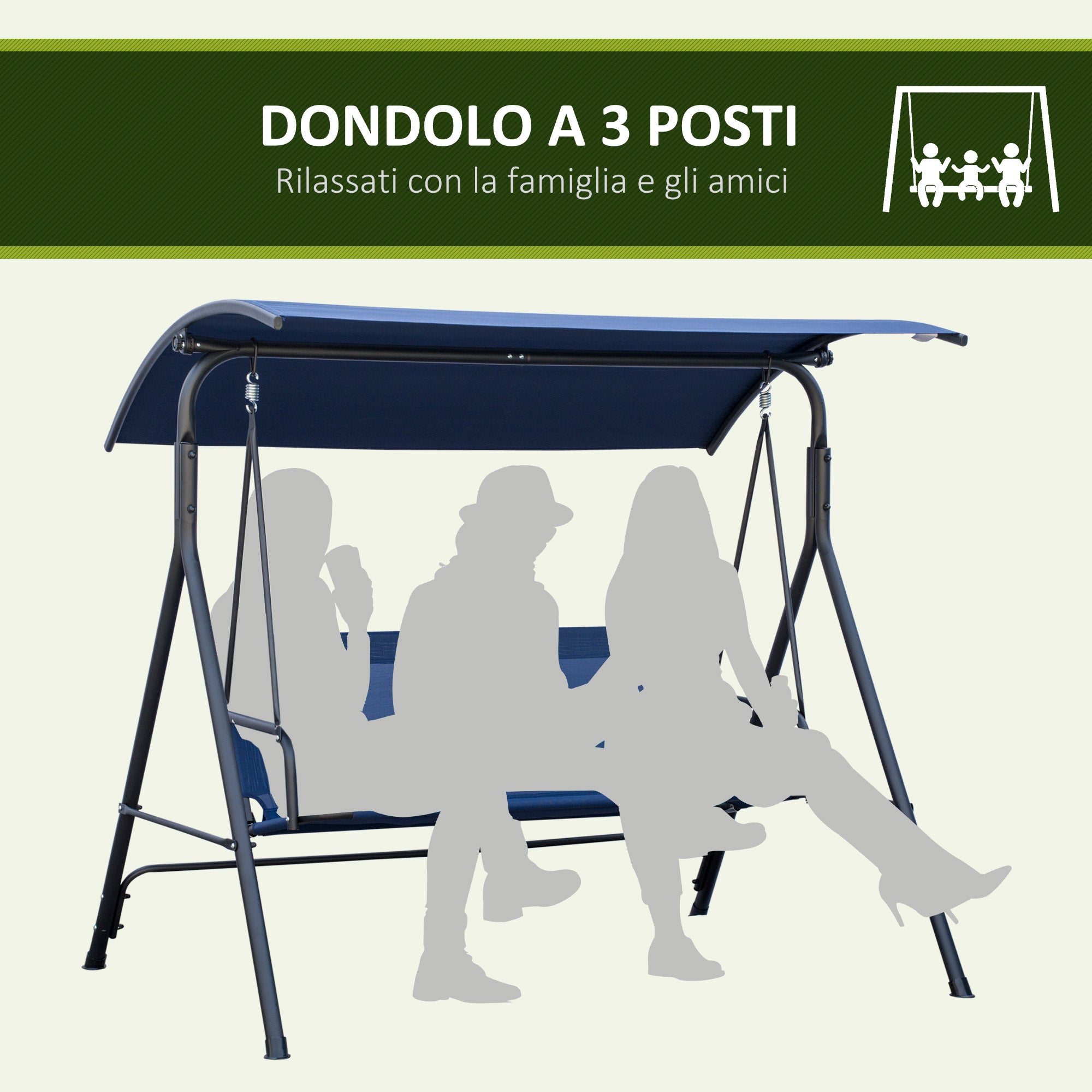 Garden Swing 3 Seater with Adjustable Canopy, Outdoor Swing with Breathable Texteline Seat and Metal Frame, Supports Up to 240 kg, 172x110x153 cm, Dark Blue