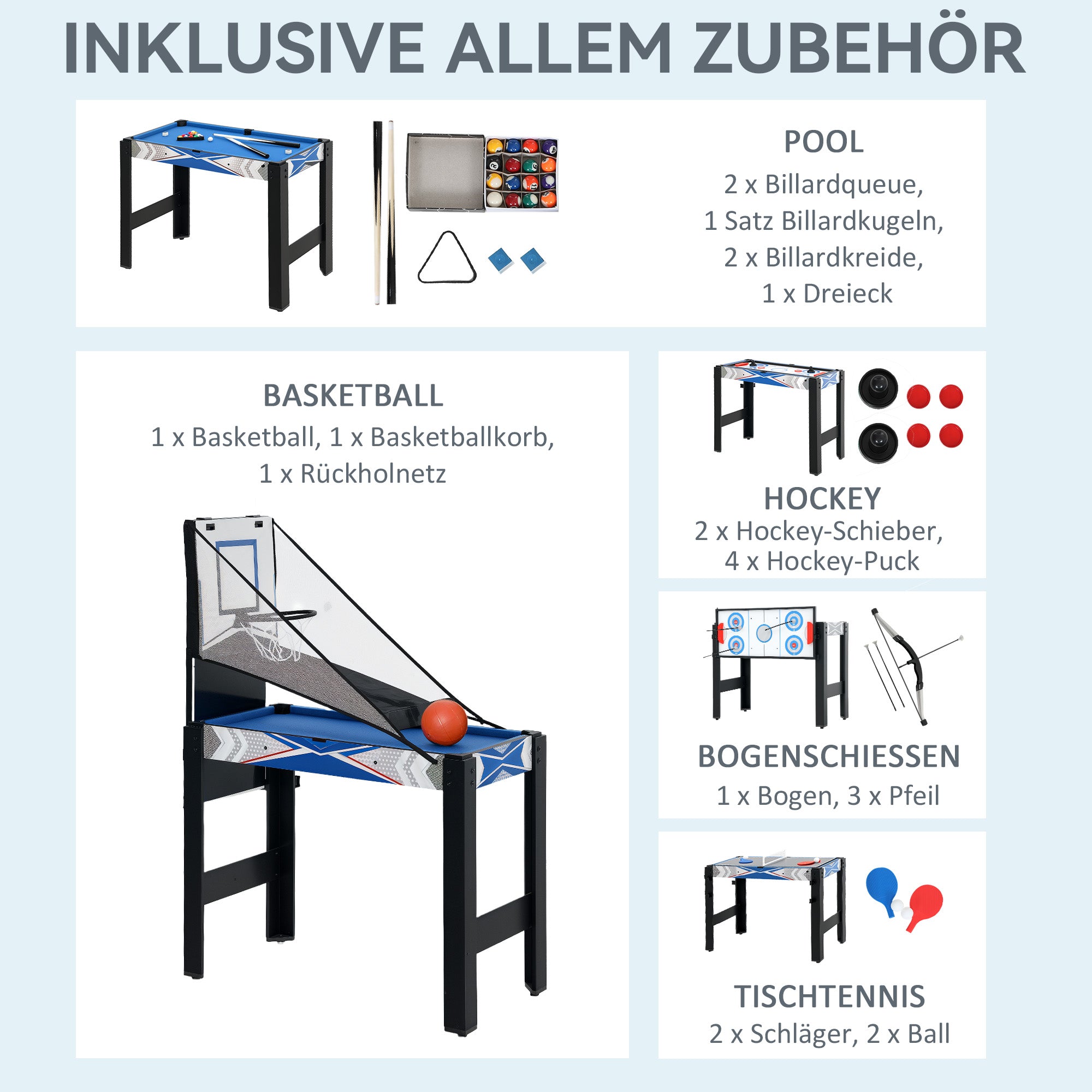 SPORTNOW 5-in-1 Multigame Table with Table Tennis, Pool Table, Hockey, Basketball, and Archery Multi-Function Table for Adults 91 x 45.5 x 76 cm Black+Blue