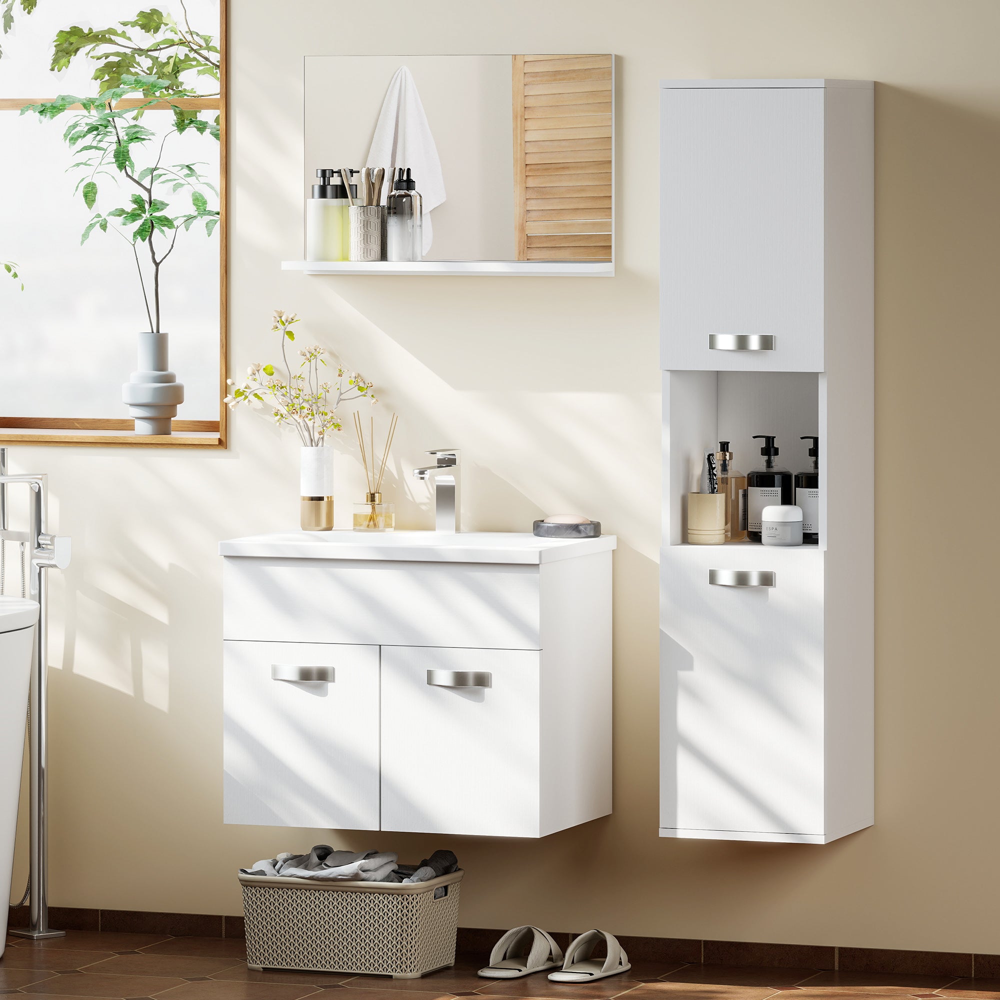 4-Piece Wall-Mounted Bathroom Vanity Set with Ceramic Basin, Tall Storage Cabinet & Mirror — Modern White