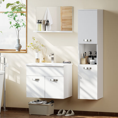 4-Piece Wall-Mounted Bathroom Vanity Set with Ceramic Basin, Tall Storage Cabinet & Mirror — Modern White