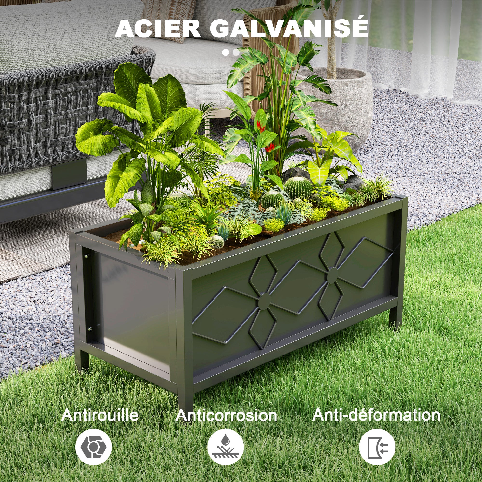 Raised Planter Box Made of Galvanized Steel with Safety Edge, Rectangular Garden Bed for Flowers, Herbs, and Vegetables, 80 x 40 x 38 cm, Black