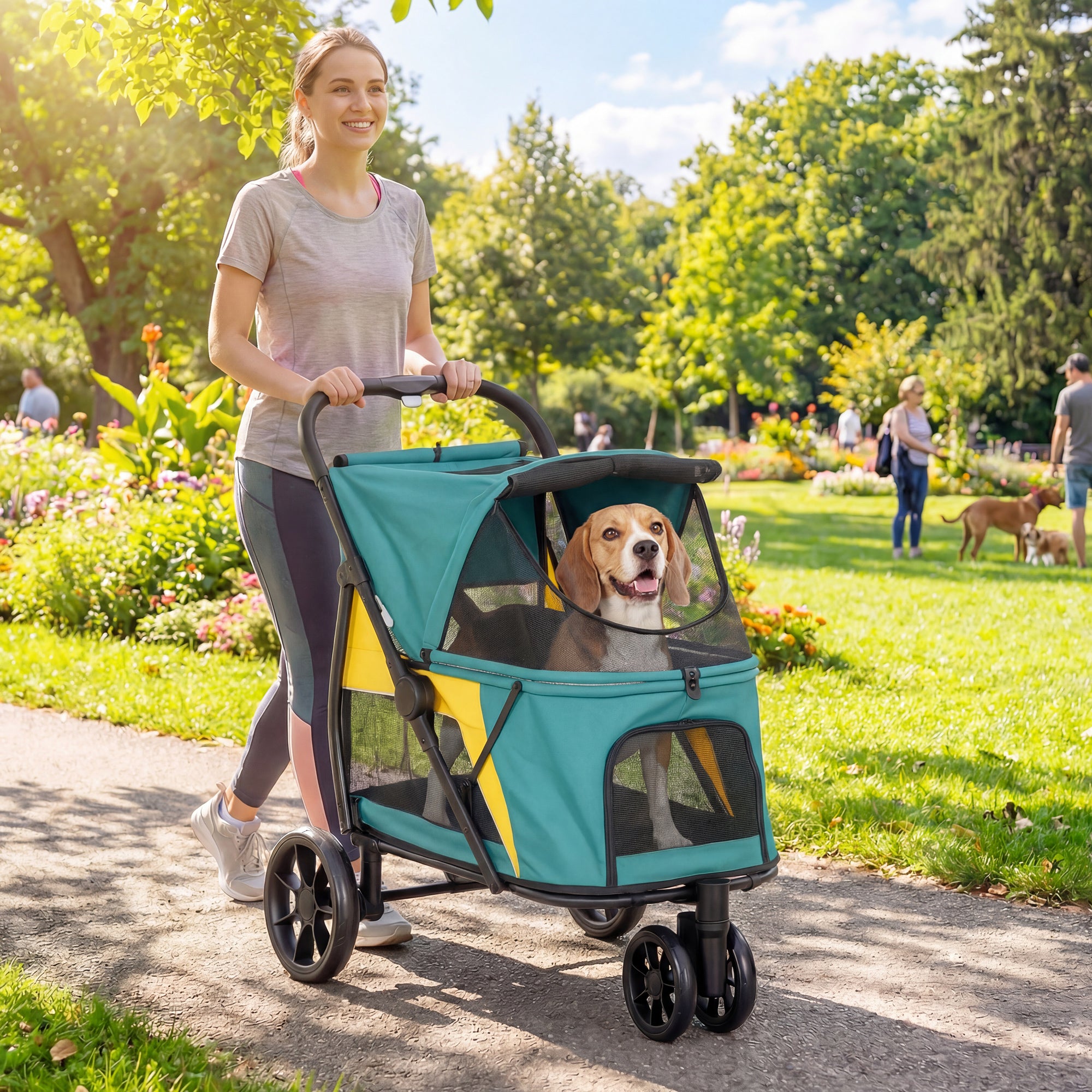 Foldable Dog Stroller / Pet Buggy — For Cats & Dogs up to 44 lb with Cushion, Mesh Windows, Rear Pocket, 360° Swivel Wheels with Brake, Door — Medium Dogs, Dark Green