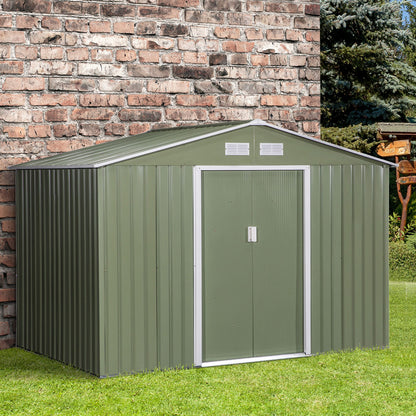 Tool Shed 4.9 m², Garden House with Gable Roof, Sliding Door, Foundation, 277 x 195 x 192 cm, Zinc-Coated Steel Tool Shed, Weatherproof, for Garden, Light Green