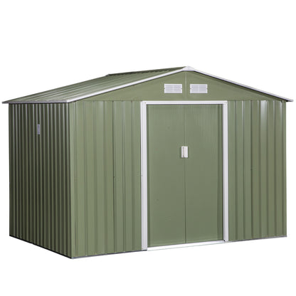 Tool Shed 4.9 m², Garden House with Gable Roof, Sliding Door, Foundation, 277 x 195 x 192 cm, Zinc-Coated Steel Tool Shed, Weatherproof, for Garden, Light Green