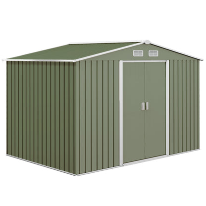 Tool Shed 4.9 m², Garden House with Gable Roof, Sliding Door, Foundation, 277 x 195 x 192 cm, Zinc-Coated Steel Tool Shed, Weatherproof, for Garden, Light Green