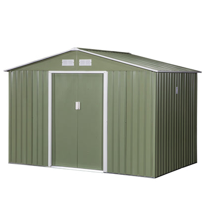 Tool Shed 4.9 m², Garden House with Gable Roof, Sliding Door, Foundation, 277 x 195 x 192 cm, Zinc-Coated Steel Tool Shed, Weatherproof, for Garden, Light Green