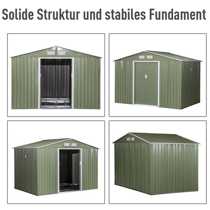 Tool Shed 4.9 m², Garden House with Gable Roof, Sliding Door, Foundation, 277 x 195 x 192 cm, Zinc-Coated Steel Tool Shed, Weatherproof, for Garden, Light Green