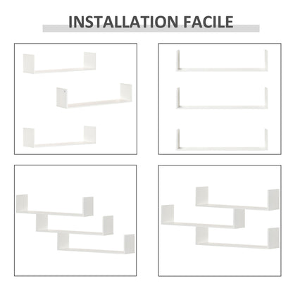 Set of 3 White Wood Grain Floating Wall Shelves - 80L x 18W x 18H cm - complete fixing kit included - MDF