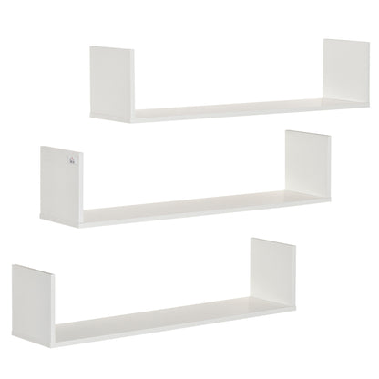 Set of 3 White Wood Grain Floating Wall Shelves - 80L x 18W x 18H cm - complete fixing kit included - MDF