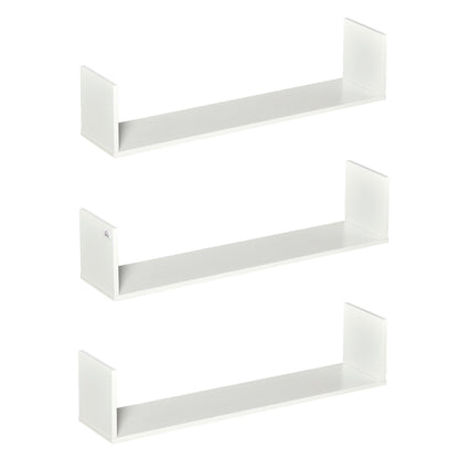 Set of 3 White Wood Grain Floating Wall Shelves - 80L x 18W x 18H cm - complete fixing kit included - MDF