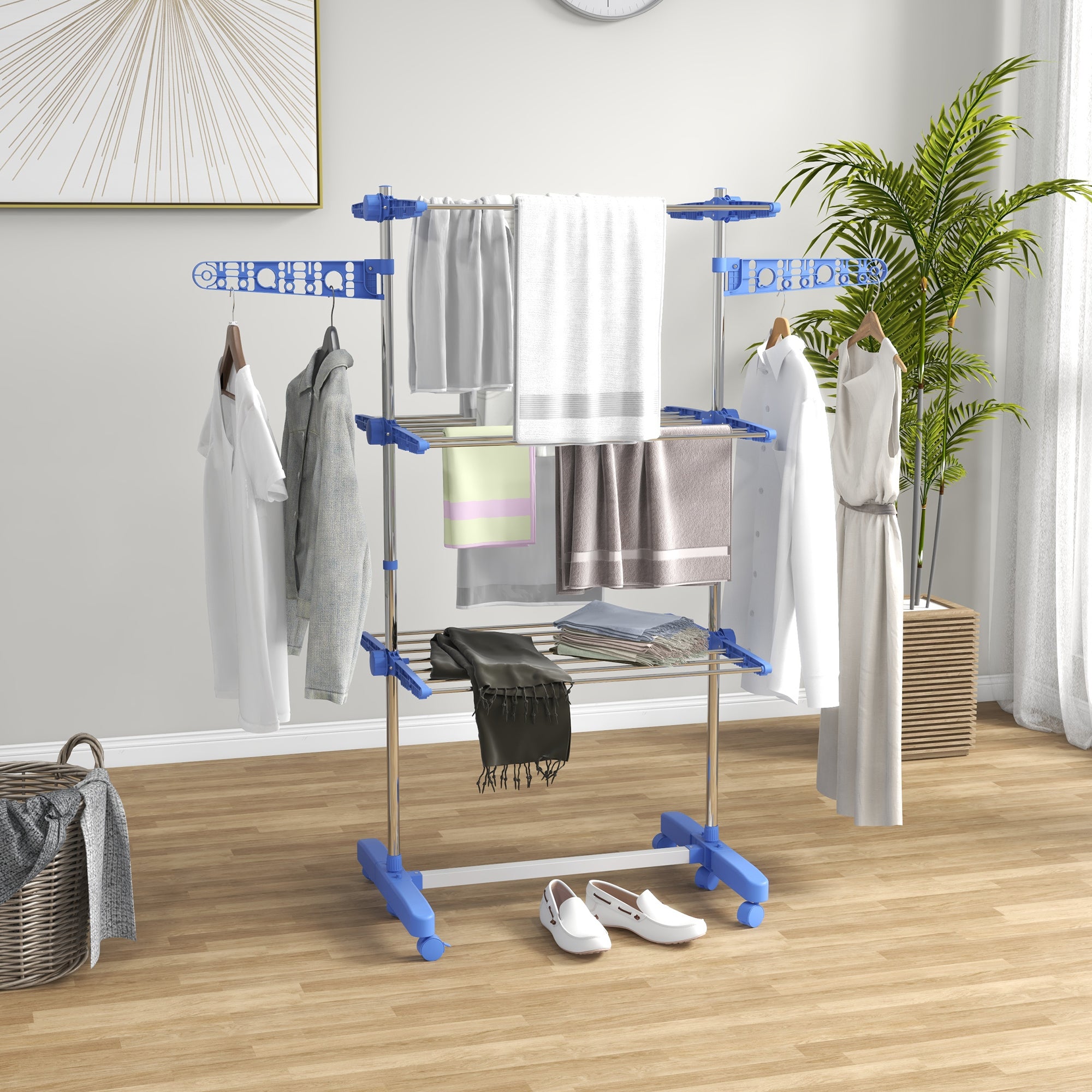 Laundry Stand Tower Dryer with 3 Levels, Foldable Wings, Wheels, Tower Laundry Stand for Indoor and Outdoor Use, 142 x 55 x 152 cm, Blue